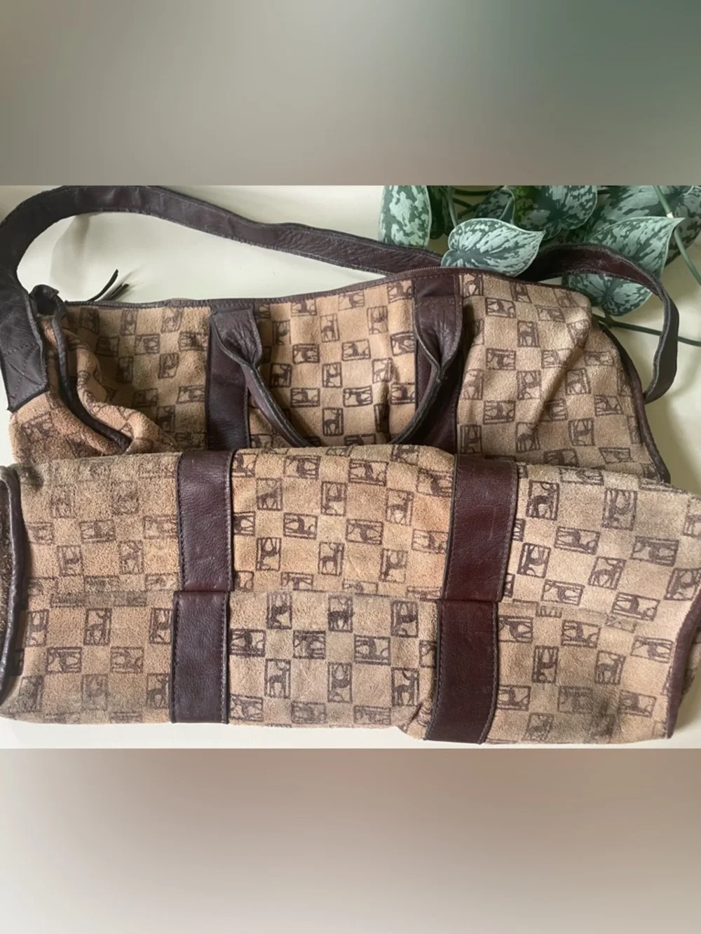 Vintage Suede Travel Weekender Bag - Brown Pattern